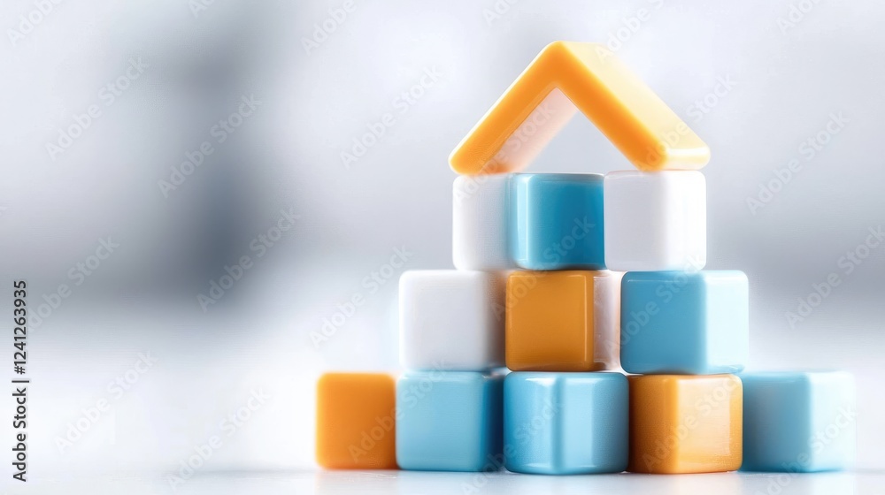Obraz premium Colorful blocks forming house; blurred background; growth concept; stock photo