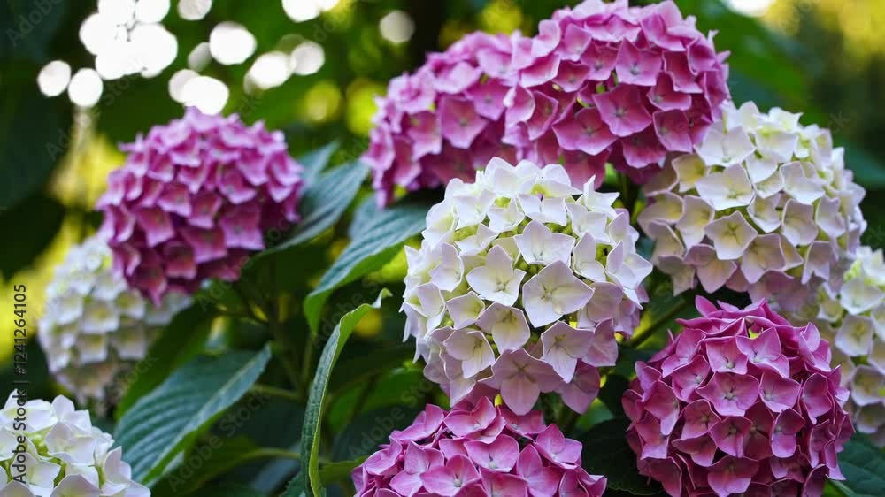 cluster of pink and white hydrangeas in full bloom