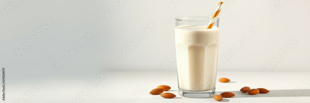 Delicious almond milk in a glass served with crunchy almonds on a light background Delicious almond milk in a glass served with crunchy almonds on a light background