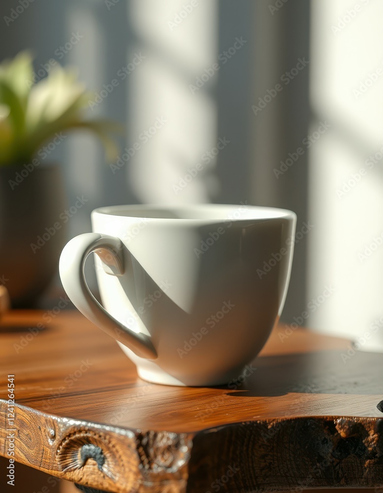 White coffee cup on wooden table with morning sunlight illuminating the serene environment White coffee cup on wooden table with morning sunlight illuminating the serene environment