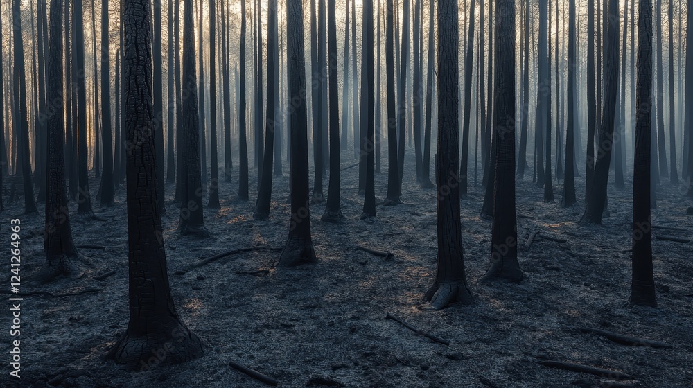 Naklejka premium Charred Forest After Wildfire in Desolate Landscape