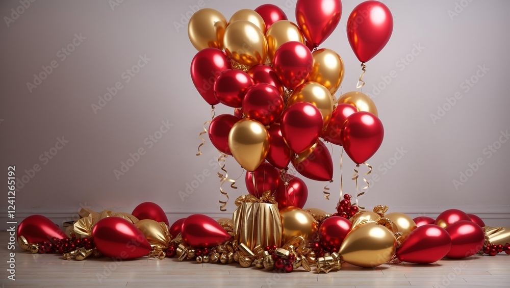 Festive Gold, Red, and White Balloon Cascade. Festive Gold, Red, and White Balloon Cascade.