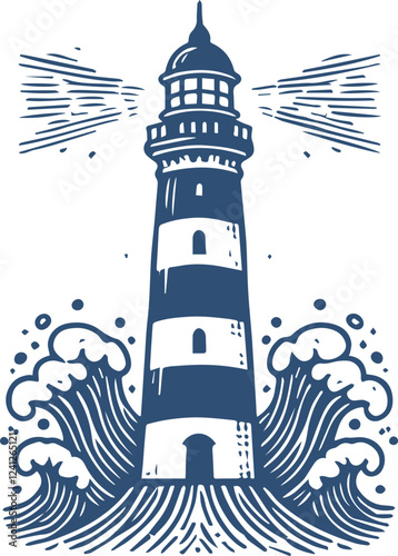 lighthouse and waves drawing vector illustration
