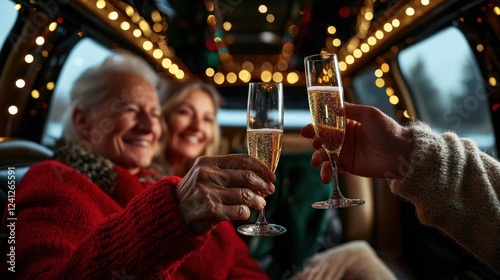Celebrating joyfully inside a festive limousine, toasting with champagne amidst holiday lights