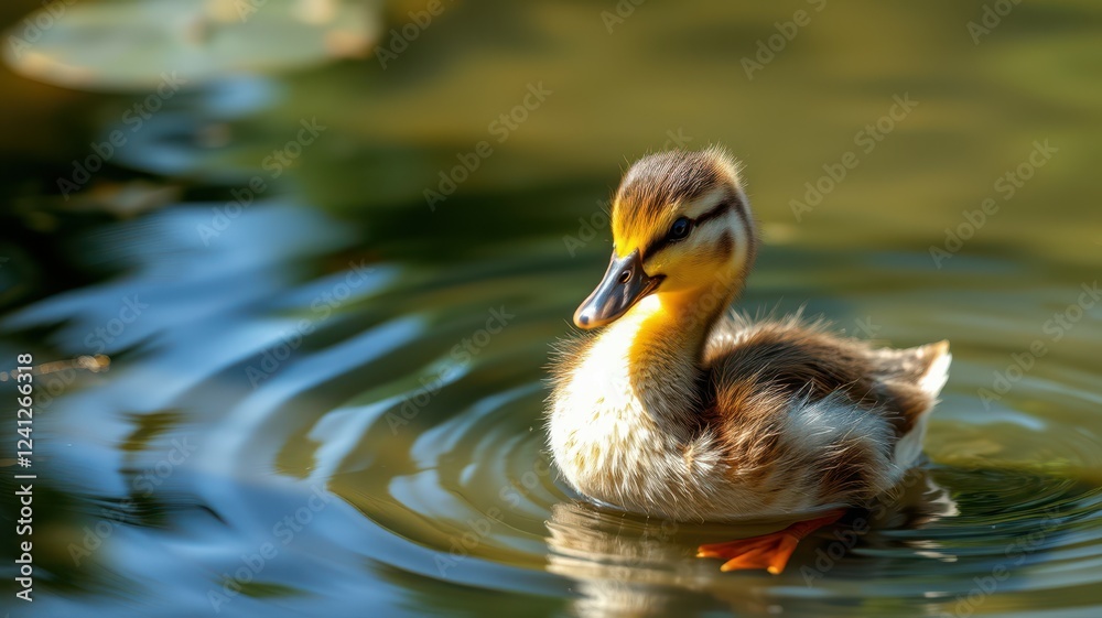 Duckling swims gracefully in a tranquil pond surrounded by rippling water and lush greenery during a sunny day Duckling swims gracefully in a tranquil pond surrounded by rippling water and lush greenery during a sunny day