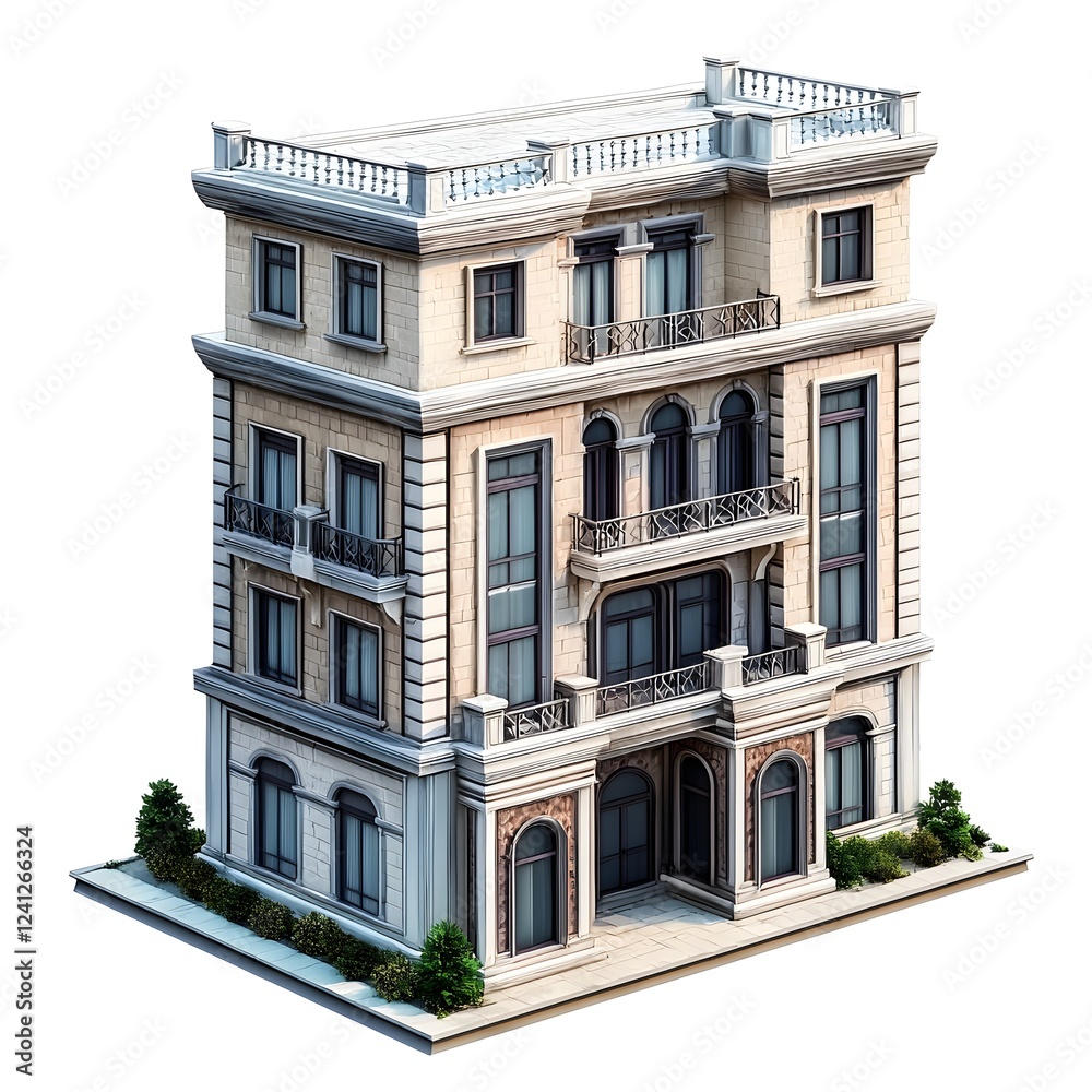 Fototapeta premium Ornate Neoclassical Facade of Elegant Residential Building with Balconies and Decorative Elements