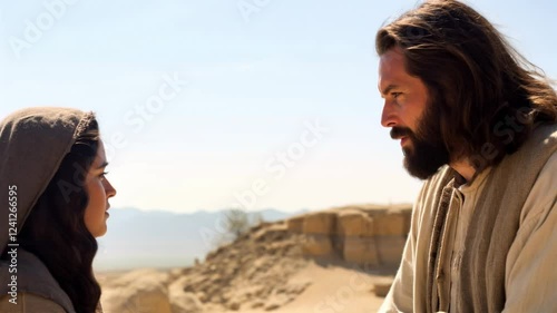 Jesus Christ Talking to a Woman in the Judean Desert. Repentance Sermon. Christian Religious Video for Church Publications