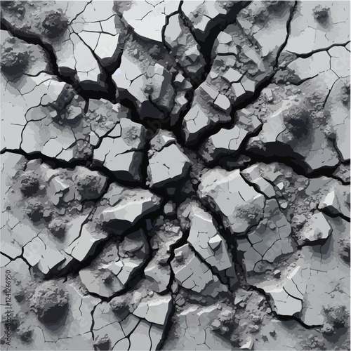Surface crack and fissure in ground, concrete, crevices from disaster top view. Breaks on land surface from earthquake isolated on white background. Broken ground, wall, glass pattern effect. Damage