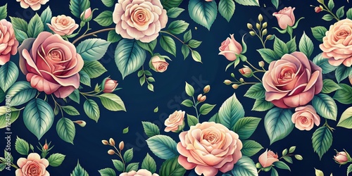 Wallpaper Mural Elegant navy blue background with intricate seamless floral pattern featuring delicate pink roses and lush green leaves in a natural style , rose pattern, botanical print Torontodigital.ca
