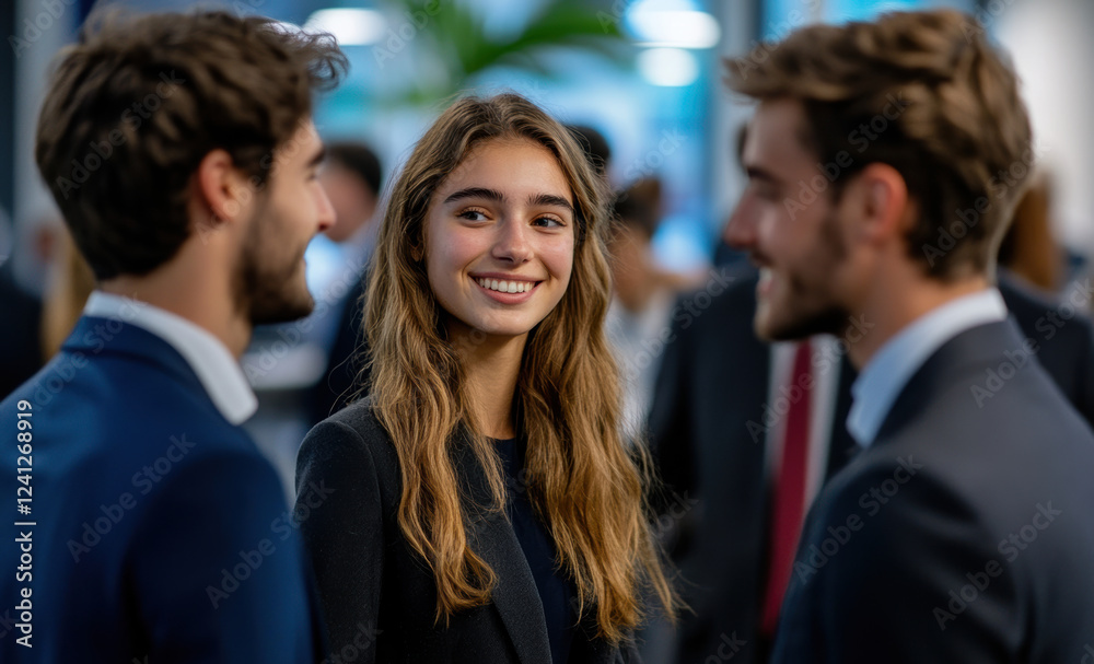 Engaging enthusiastically with colleagues, a young woman intern gains confidence and valuable skills in a welcoming professional setting. Engaging enthusiastically with colleagues, a young woman intern gains confidence and valuable skills in a welcoming professional setting.