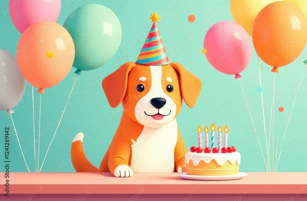 Fototapeta premium Dog in party hat sits at table with cake. Pet birthday.