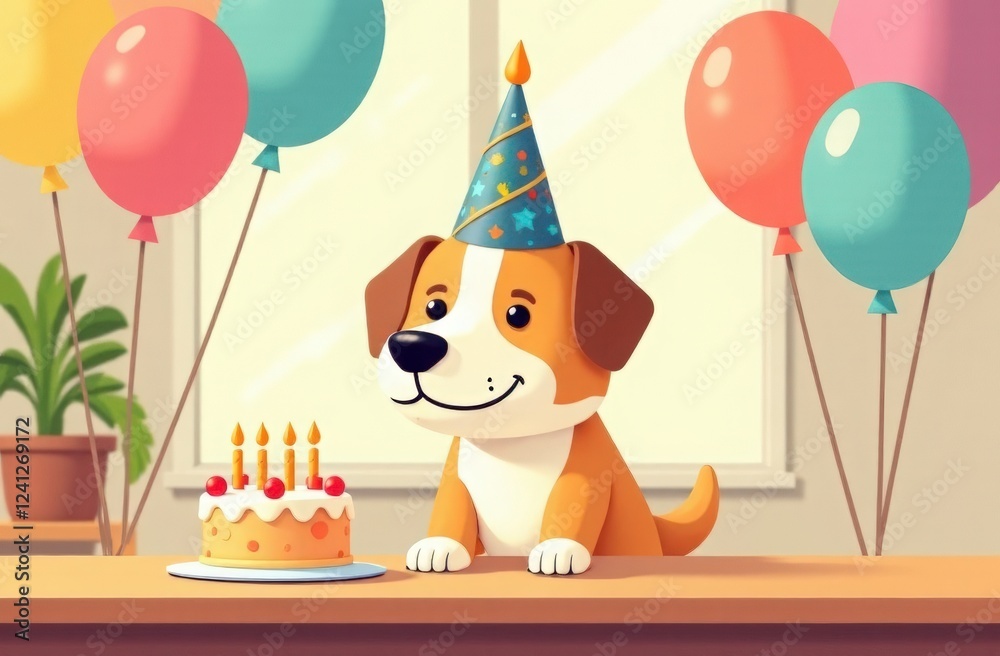 Obraz premium Dog in party hat sits at table with cake. Pet birthday.