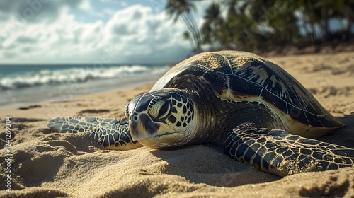 A sea turtle lies on the sand of an empty beach.
 photo