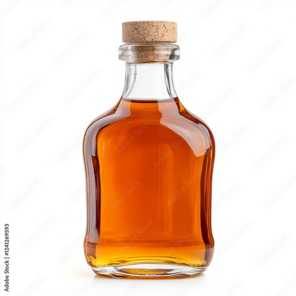 Glass bottle of pure amber maple syrup with a cork stopper isolated on white background rich and natural sweetness Glass bottle of pure amber maple syrup with a cork stopper isolated on white background rich and natural sweetness