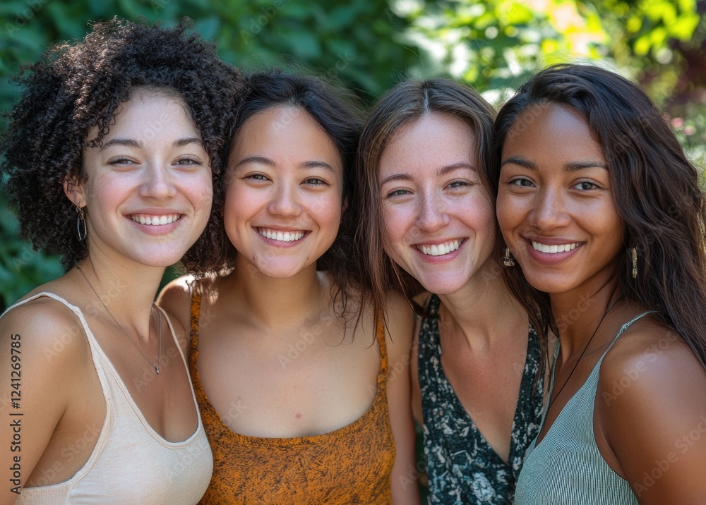 Obraz premium Group of diverse women shares joyful laughter, embodying unity through mutual respect, friendship. Their unique appearances reflect strength, harmony found in togetherness.