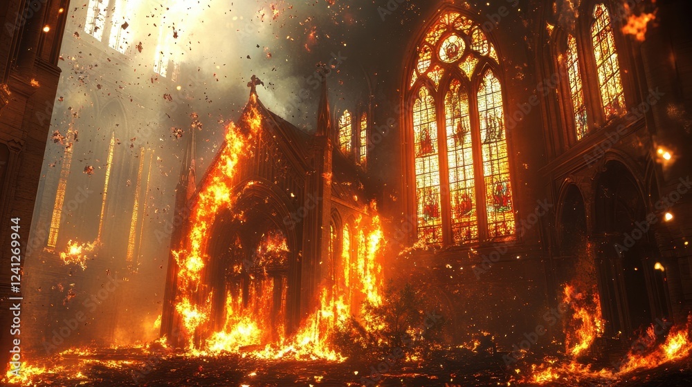 Naklejka premium Flames Engulf Deserted Church in Dramatic Scene