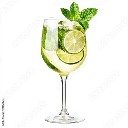 Hugo cocktail with elderflower syrup prosecco sparkling water mint leaves and lime slices isolated on white background refreshing herbal delight 