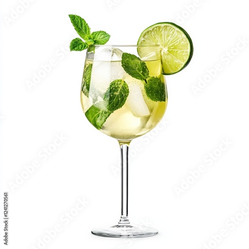 Hugo cocktail with elderflower syrup prosecco sparkling water mint leaves and lime slices isolated on white background refreshing herbal delight 