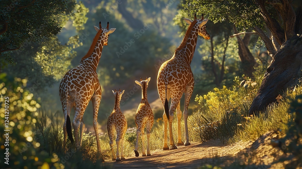 Obraz premium Four Giraffes Walking Through a Lush African Forest