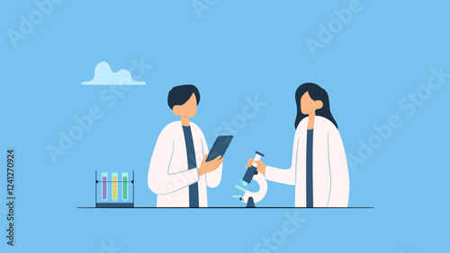 Female and male scientist test tube use microscope in laboratory.