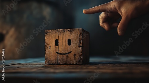 Man Hand Points on a Wooden Cube with Happy Smile Face on Bright photo