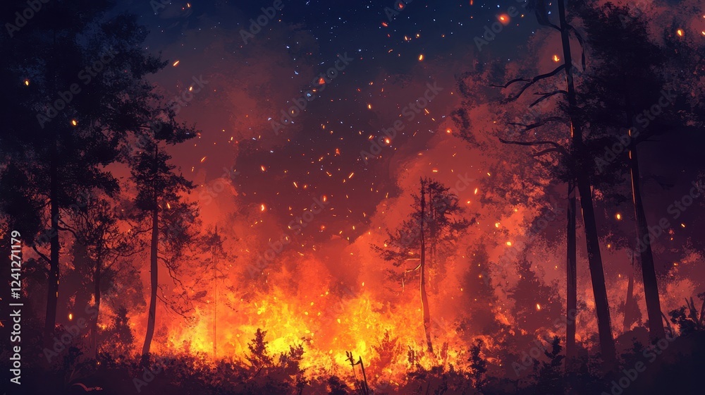 Fiery Night Scene in a Forest Under Starry Sky Fiery Night Scene in a Forest Under Starry Sky