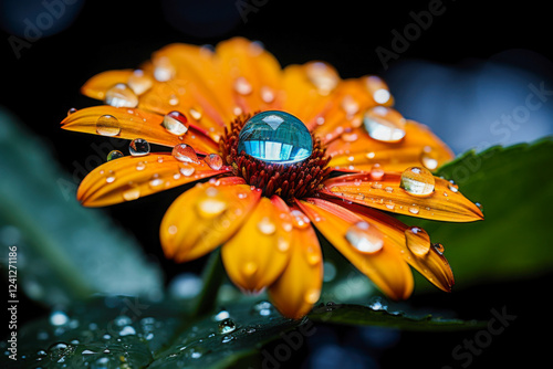 Close-up of a vibrant orange and yellow daisy adorned with water droplets showcasing its natural beauty after rain