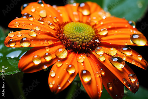 Close-up of a vibrant orange and yellow daisy adorned with water droplets showcasing its natural beauty after rain