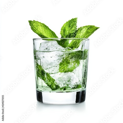 Mastika liqueur cocktail with crushed ice and mint leaves isolated on white background herbal Greek island specialty  photo