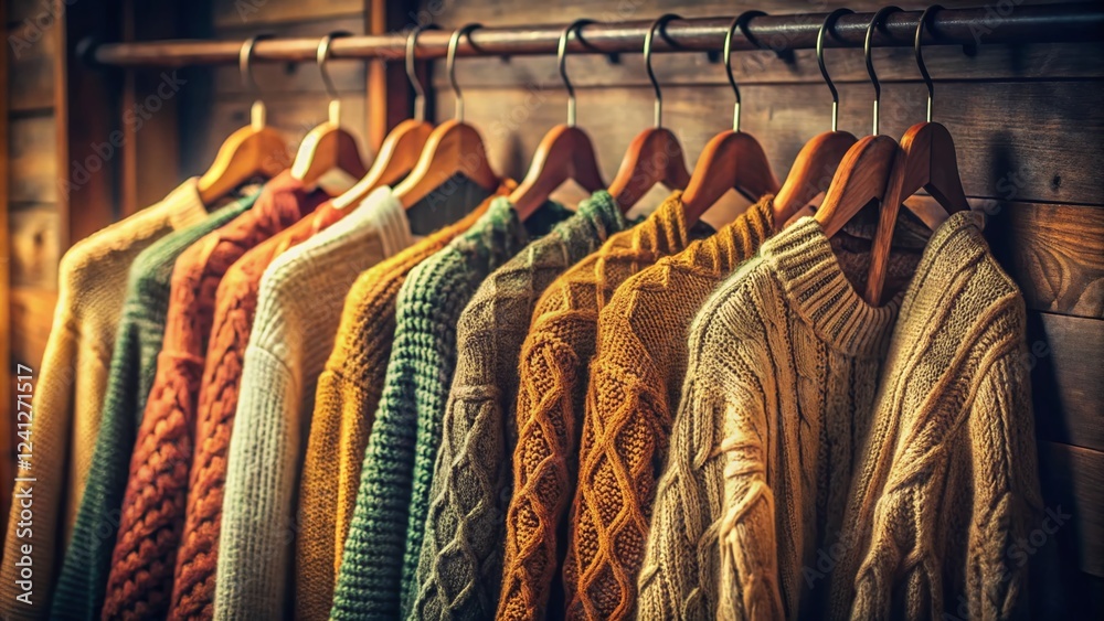 Obraz premium Vintage Warm Knit Sweaters Hanging in a Closet - Cozy Autumn Fashion Stock Photo