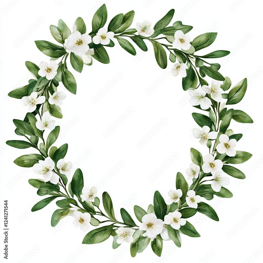 Fototapeta premium Olive branch wreath with delicate white flowers intertwined isolated on white background symbol of peace and Easter 