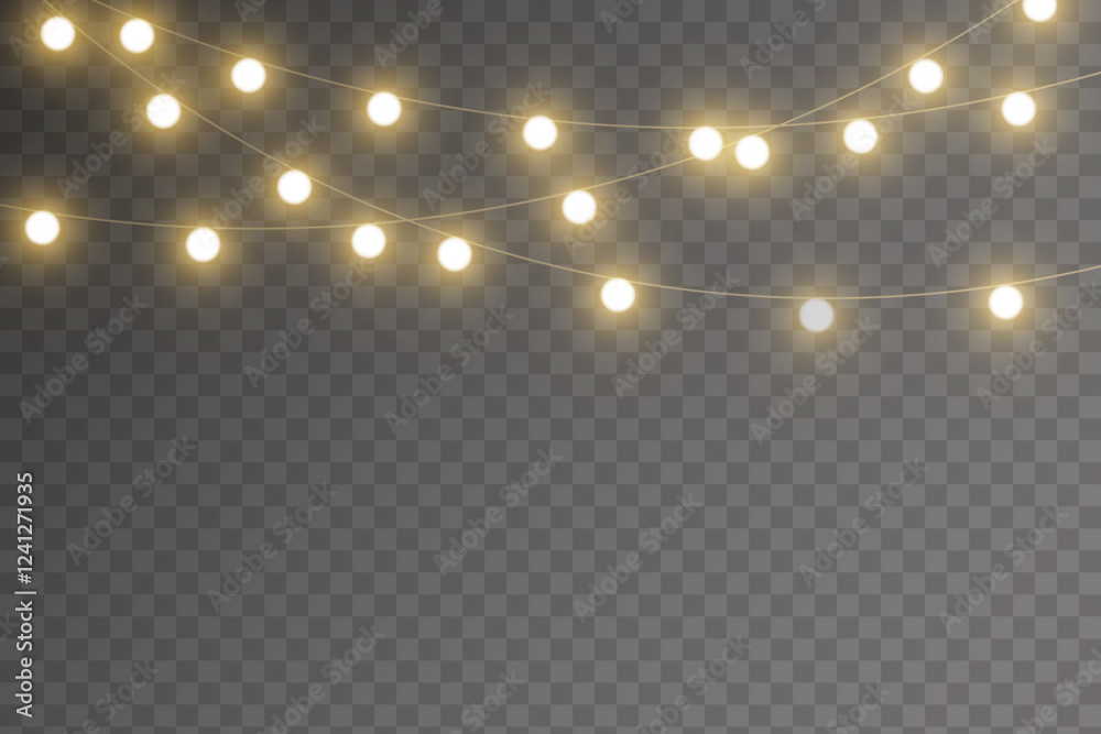 Christmas lights isolated on transparent background for cards, banners, posters, web design. Set of golden xmas glowing garland Led neon lamp Vector illustration