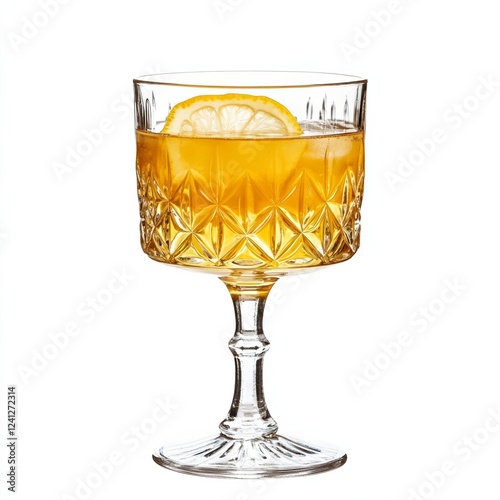 Sima cocktail with sparkling mead lemon slices and a touch of honey served over ice isolated on white background Finnish May Day favorite 