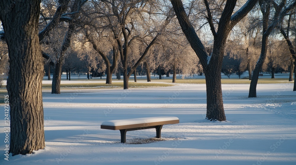 A serene snow-covered park features a solitary bench nestled among frosty trees, all illuminated by the soft light of early morning A serene snow-covered park features a solitary bench nestled among frosty trees, all illuminated by the soft light of early morning