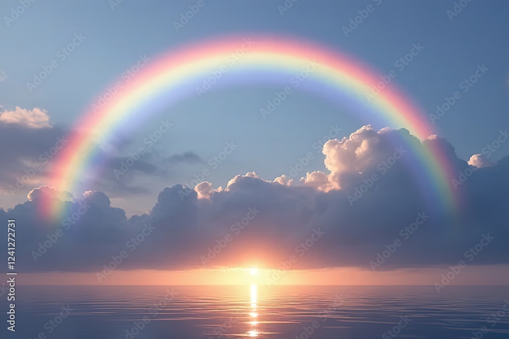 Dusk rainbow concept - Beautiful landscape with multi colored calm sea with rainbow at dusk Dusk rainbow concept - Beautiful landscape with multi colored calm sea with rainbow at dusk