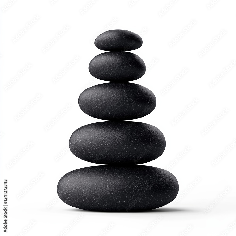 Smooth zen stone stack with perfectly balanced stones in varying sizes isolated on white background symbol of meditation and peace Smooth zen stone stack with perfectly balanced stones in varying sizes isolated on white background symbol of meditation and peace