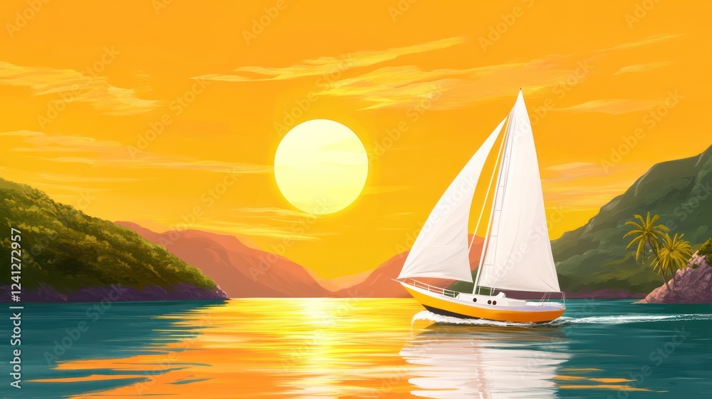 Fototapeta premium A serene sunset scene with a sailboat gliding through calm waters.