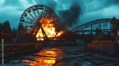Abandoned Amusement Park with Fire and Smoke Effects