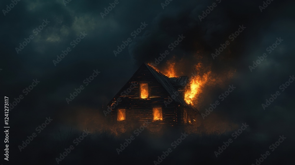 Abandoned Wooden House Engulfed in Flames at Night Abandoned Wooden House Engulfed in Flames at Night