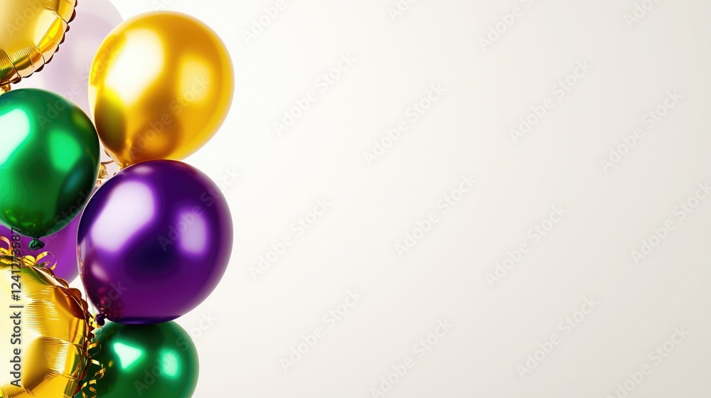 Fototapeta premium Colorful balloon cluster in gold, green, purple and white for festive and celebratory designs. Mardi Gras theme.