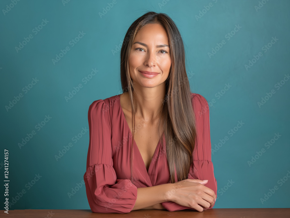 Older experienced Hispanic business woman sitting confident and relaxed at a table. Latina businesswoman with a warm, peaceful and friendly expression posing in front of a turquoise wall. 