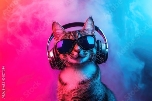 Trendy cat in sunglasses and headphones against vibrant neon hues and mist, perfect for music themes, digital art, and creative design projects photo