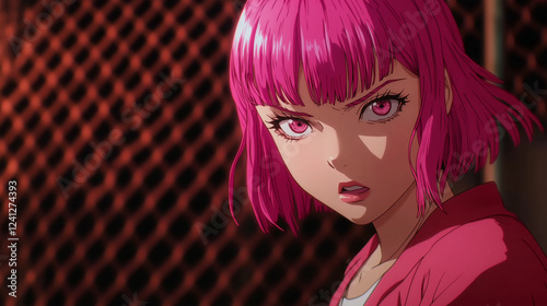 Young woman with pink hair displays determination in an urban setting during a tense moment