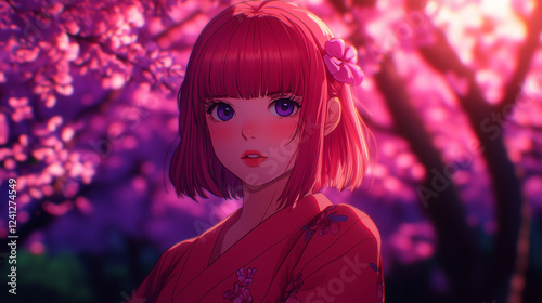 Young woman in a traditional kimono standing among cherry blossoms in a serene garden during spring