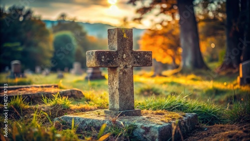 Weathered Stone Cross, Rustic Religious Symbol, Outdoor Grave Marker, Spiritual Serenity, Cemetery Memorial photo