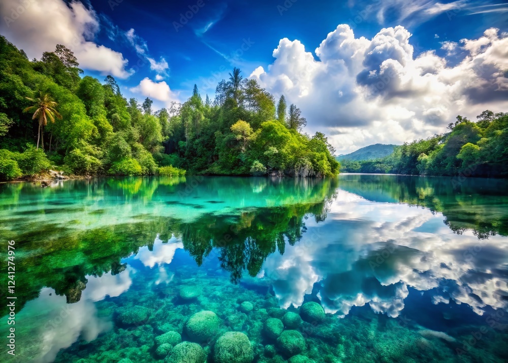 West Papua Lake: Double Exposure of Pristine White Sand Beach & Tranquil Water West Papua Lake: Double Exposure of Pristine White Sand Beach & Tranquil Water