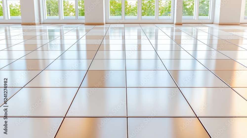 Shiny tiled floor reflecting sunlight through large windows