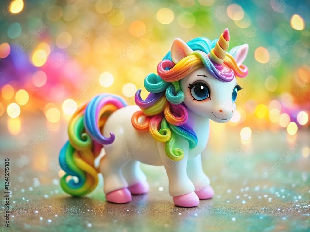 Fototapeta premium Whimsical Rainbow Unicorn Figurine: Colorful Swirls & Sparkling Eyes - Cute Fantasy Stock Photo
