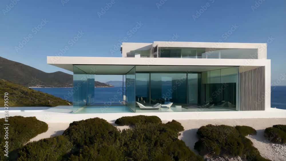 Large white house with a pool and a view of the ocean. The house is on a cliff overlooking the water Large white house with a pool and a view of the ocean. The house is on a cliff overlooking the water