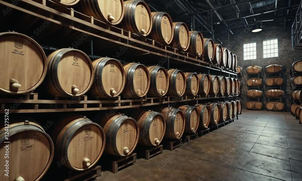 Storage Room with Rows of Wooden Barrels on Metal Racks - Traditional Aging Process for Wines and Spirits Storage Room with Rows of Wooden Barrels on Metal Racks - Traditional Aging Process for Wines and Spirits